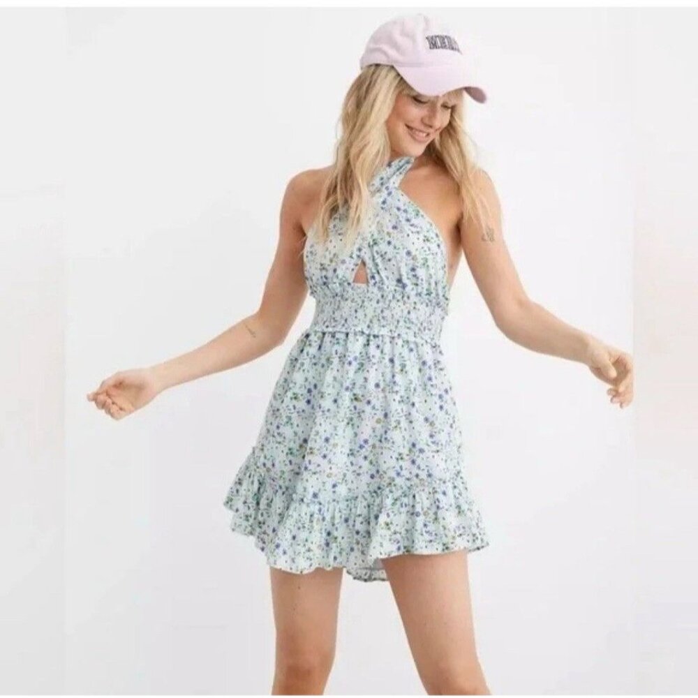 Aerie women's XS‎ blue floral spring fling halter tie mini dress fit and flare